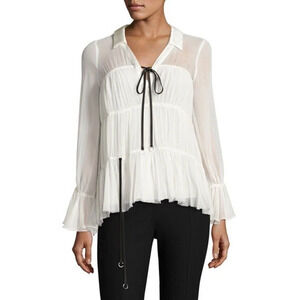 Cinq A Sept Ailee Chiffon Ruffle Long Sleeve Silk Blouse Cream/Black Women Large